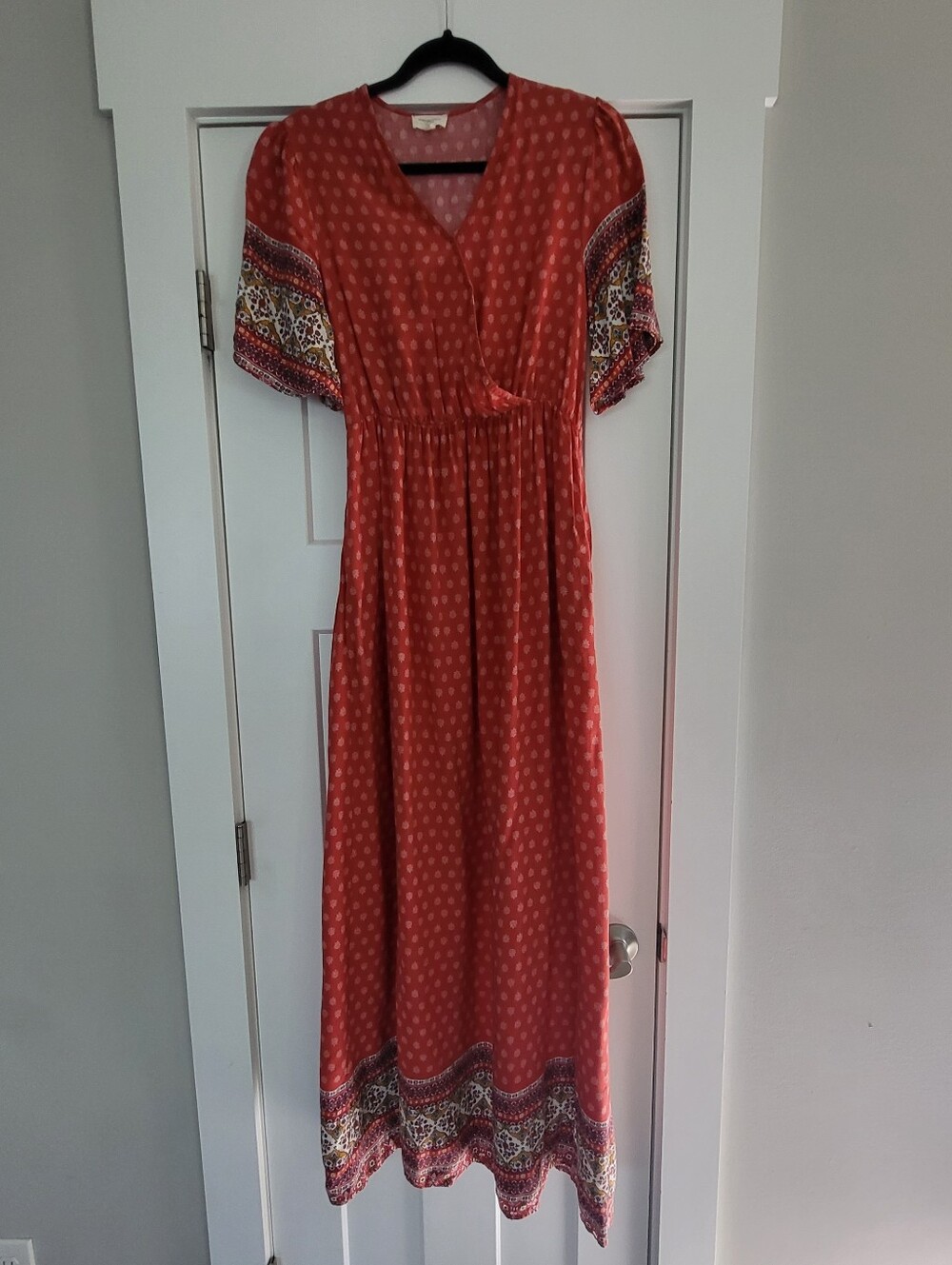 Orange Creek Rust Maxi Dress Medium boho Hippie Granola Short Sleeve V-neck
